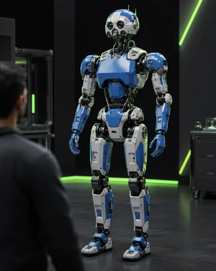 Detailed blue and white robot 3D model