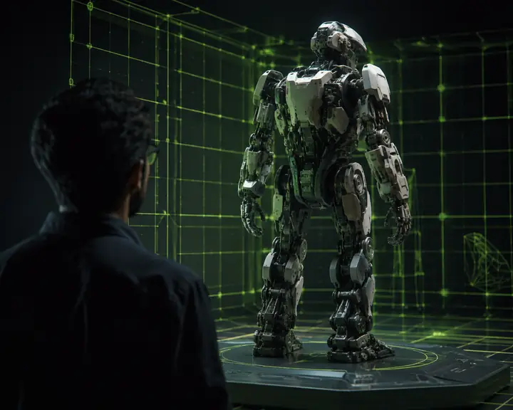 Technical grid behind a detailed robot model